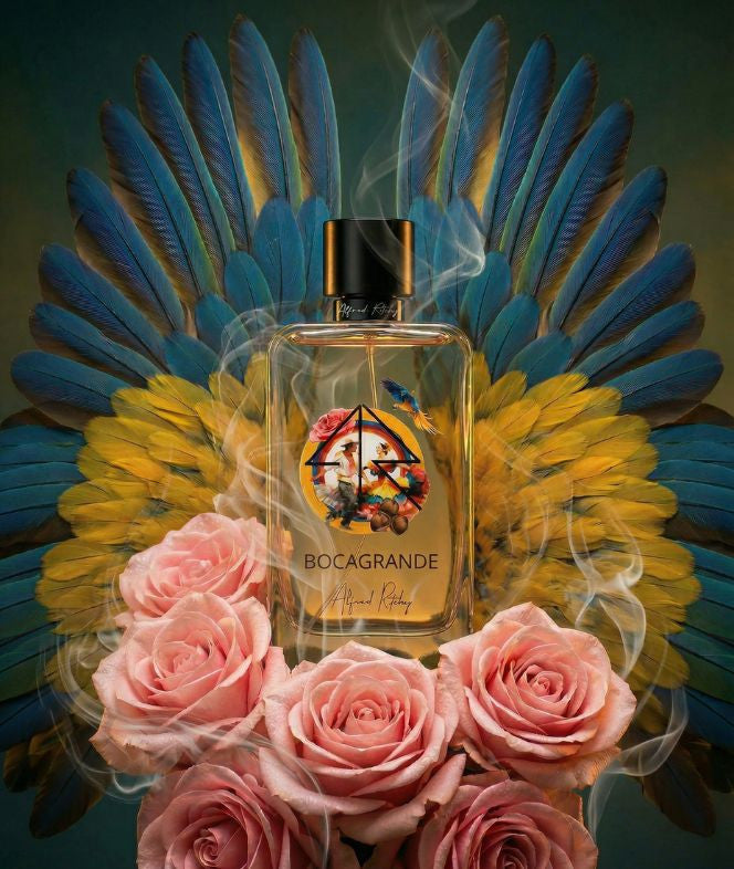 An artistic product display for Bocagrande Eau de Parfum by Alfred Ritchy.