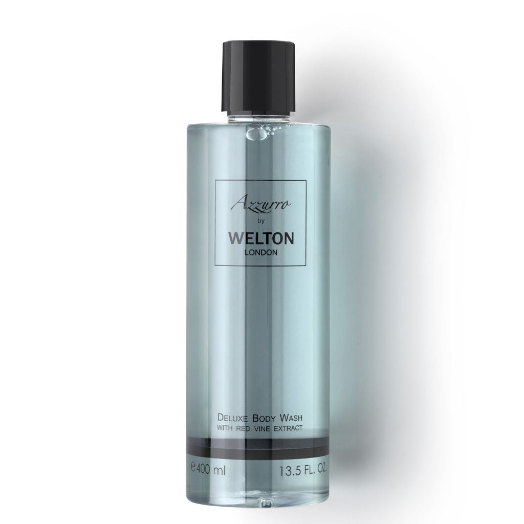 A clear, cylindrical 400 ml bottle of Welton London AZZURRO Deluxe Body Wash with red vine extract and natural ingredients, filled with light blue liquid and finished with a black cap.