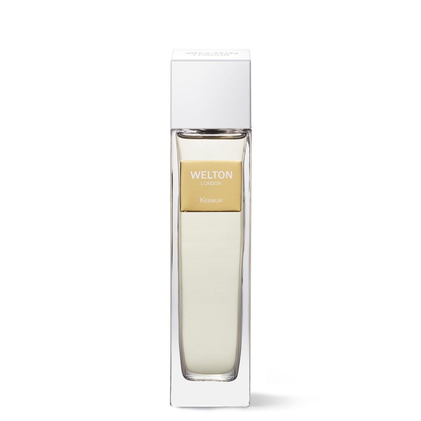 A rectangular glass bottle of Keemun EDP by Welton, filled with light liquid and a gold label, stands upright in a white luxury collection box.