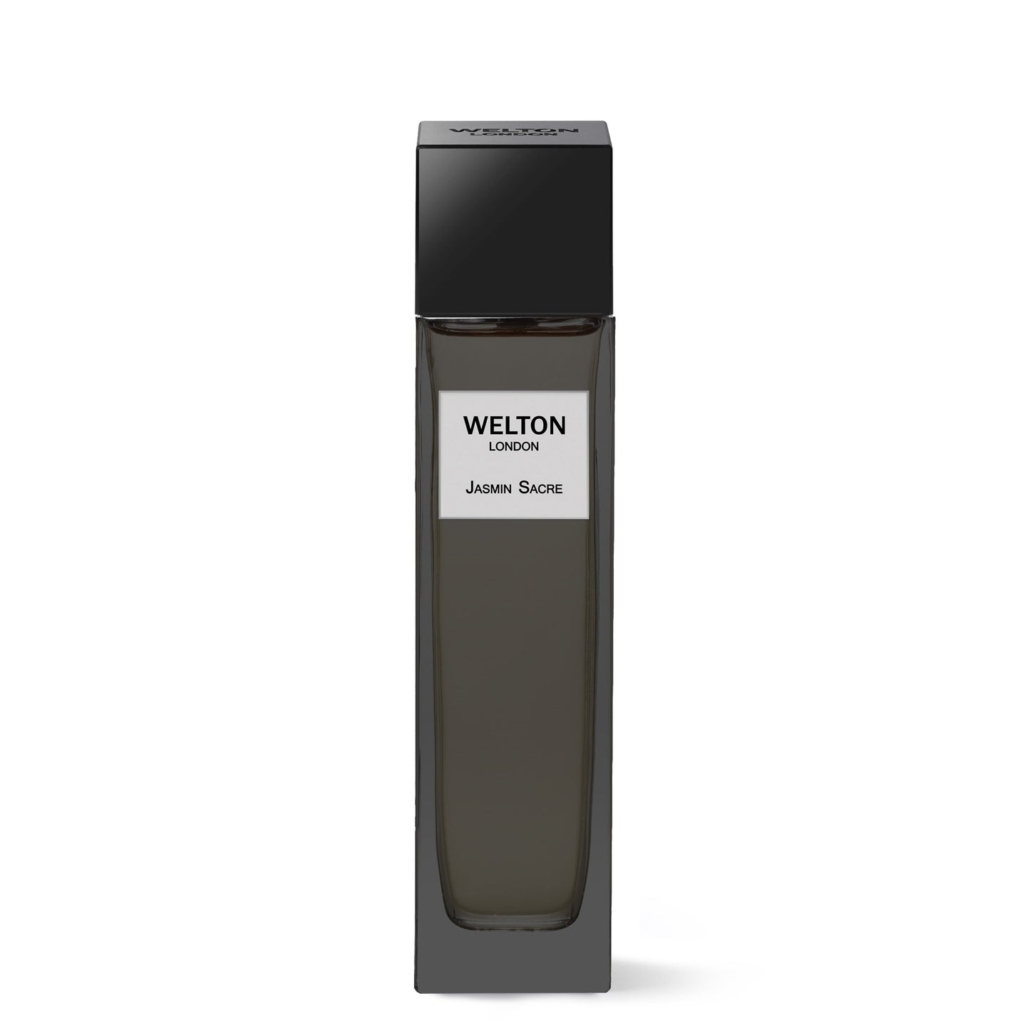 A tall, rectangular black bottle labeled Welton with Jasmin Sacré EDP on a white label. The minimalist design suggests the luxury fragrance inside—a refined jasmine perfume accented by subtle Moroccan rose notes.