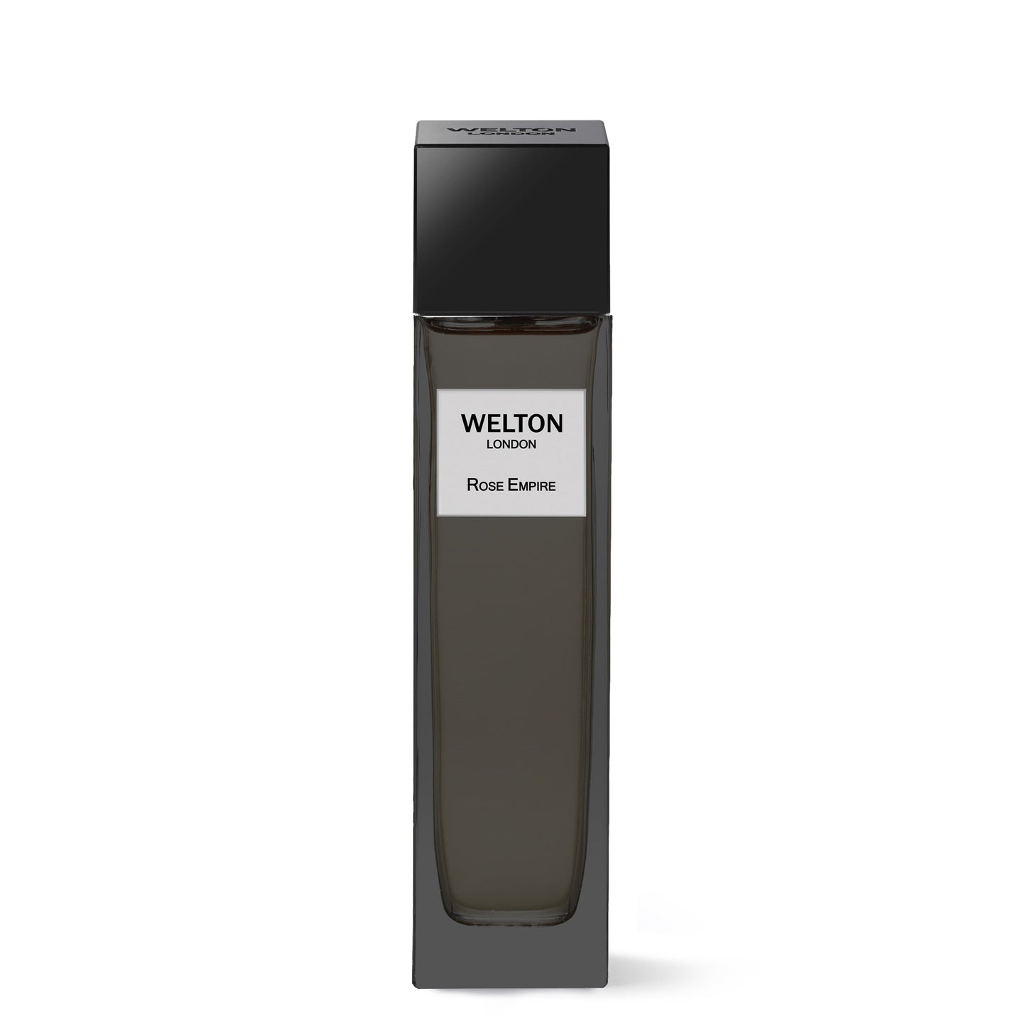 A sleek, rectangular black bottle of Welton Rose Empire EDP stands upright against a white background, embodying luxury with notes of Taif rose and Moroccan rose absolute.