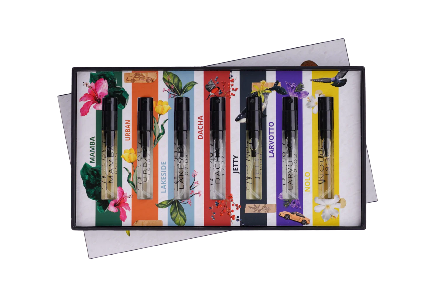 The Alfred Ritchy Discovery Kit includes six 4ml bottles of distinct scents, each labeled with its fragrance name and beautifully arranged on colorful floral and nature-inspired backgrounds atop the box lid.