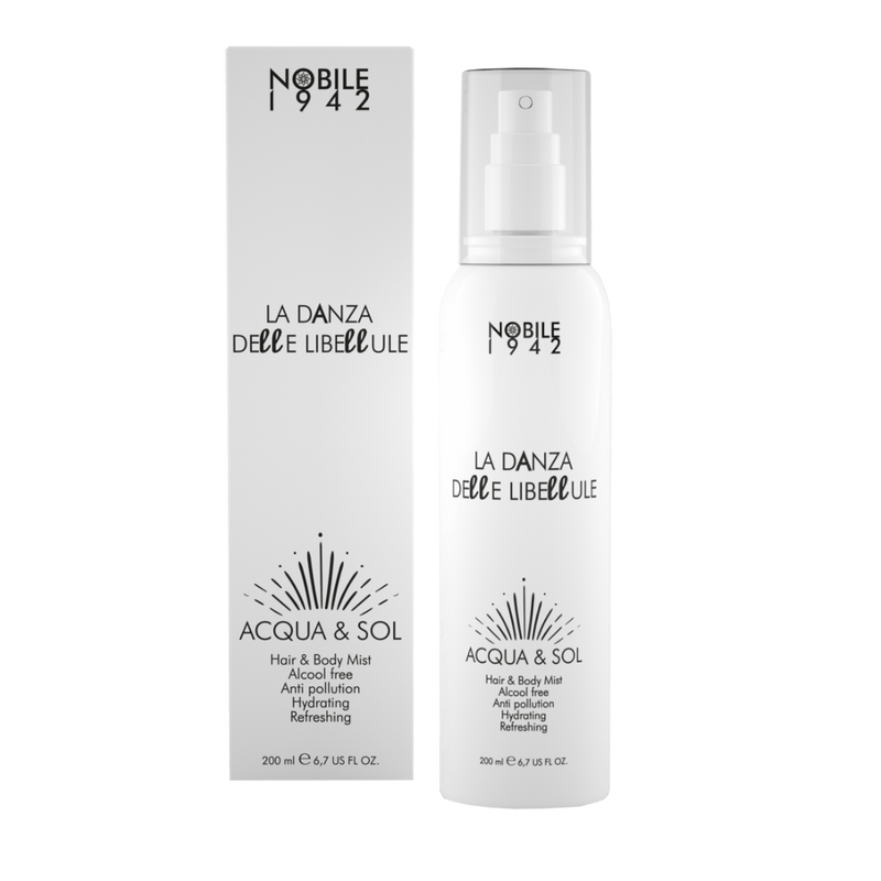 A white bottle and box of NOBILE 1942 LA DANZA DELLE LIBELLULE ACQUA and SOL, with black text and simple front graphics, delivers an uplifting daily fragrance ideal for aromatherapy.