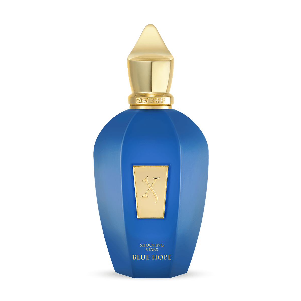 A blue perfume bottle with gold accents and cap, labeled Blue Hope Eau de Parfum by XERJOFF, is set against a white background, reflecting the refined style of this woody aromatic fragrance.