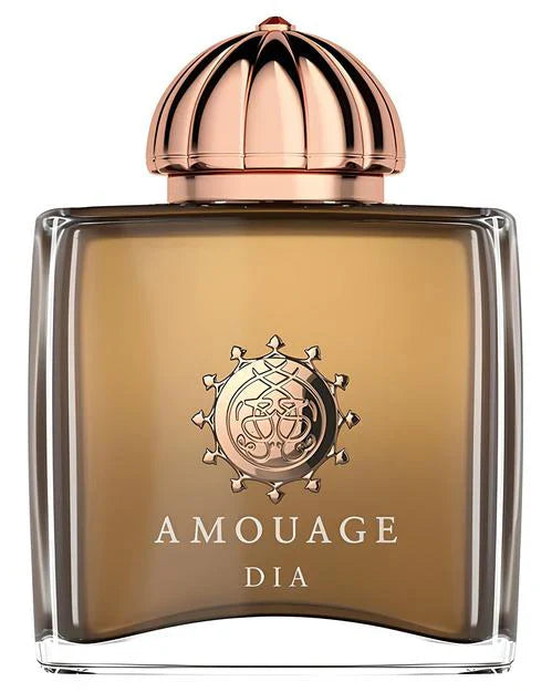 Dia Woman Eau de Parfum by Fragrapedia Haus features a square glass bottle with amber liquid, a gold emblem, and "AMOUAGE DIA" on the front; its round metallic cap hints at vintage aldehydic floral notes.