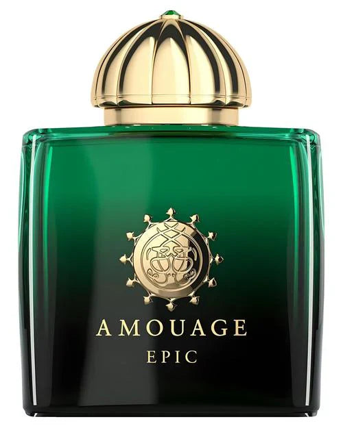 Epic Woman Eau de Parfum by Fragrapedia Haus: a green glass bottle with a gold dome cap, featuring the Amouage logo and "AMOUAGE EPIC" in gold—an oriental spicy scent inspired by Silk Road perfume traditions.