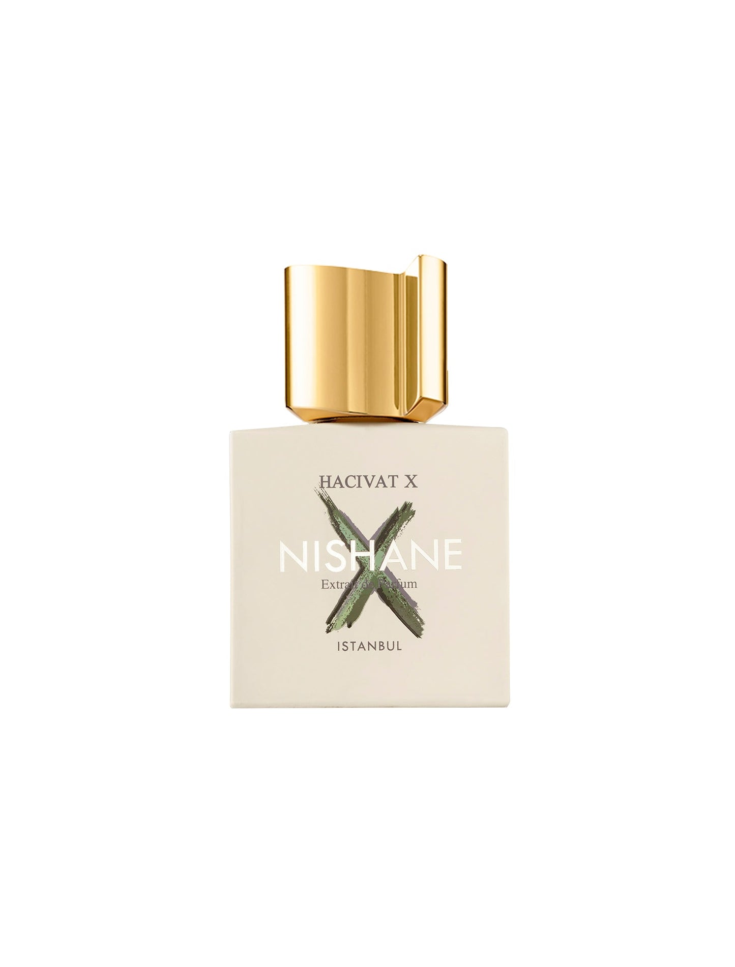 A square cream-colored Hacivat X Extrait de Parfum bottle by Fragrapedia Haus features a large gold cap and bold green X, with "Istanbul" near the bottom, reflecting this modern chypre fragrance’s elegance.