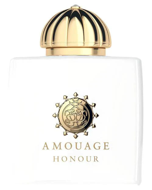 Honour Woman Eau de Parfum by Fragrapedia Haus features a white bottle with a gold domed cap and gold Amouage branding. This poetic perfume captures the essence of a white floral fragrance.