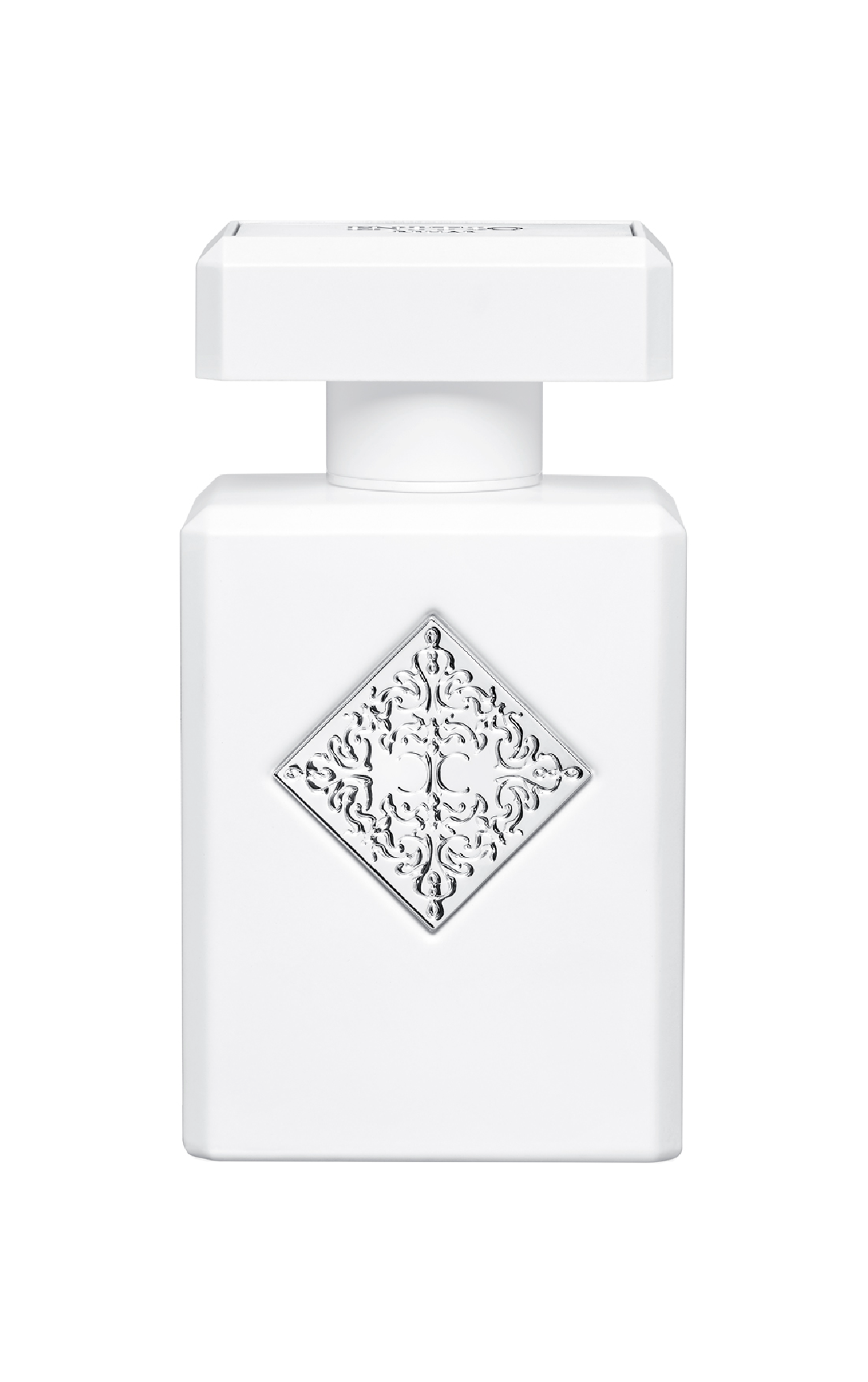 A white rectangular bottle of INITIO Rehab Extrait de Parfum from the Hedonist collection, with a square cap and silver embossing on the front, hints at vanilla notes and is photographed against a plain white background.