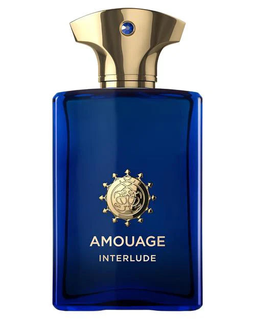 The Interlude Man Eau de Parfum by Fragrapedia Haus comes in a blue glass bottle with a gold cap and emblem, labeled “Amouage Interlude,” and offers a spicy woody scent with oud, leather, and sandalwood notes.