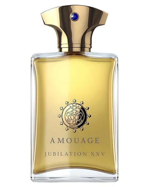 A clear glass bottle of Jubilation XXV Man Eau de Parfum by Fragrapedia Haus features gold liquid, a gold cap with a blue gem, and ornate gold lettering, reflecting a refined fragrance with oud notes.