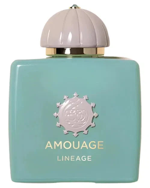 A teal square bottle of Fragrapedia Haus Lineage Eau de Parfum features a silver emblem, gold “LINEAGE” text, and a rounded pale gray cap, creating a luxurious summer incense fragrance presentation.