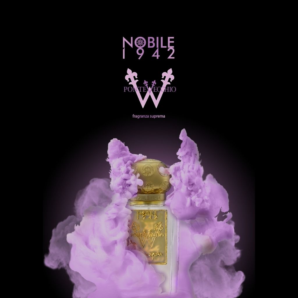 A bottle of PONTEVECCHIO W Eau de Parfum by Nobile 1942 stands amid swirling purple smoke on a black background, with the brand name and logo displayed above.