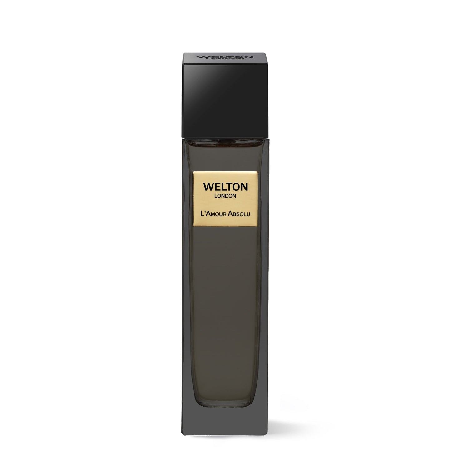 A tall, rectangular dark glass bottle with a black cap and gold label displays “Welton L'Amour Absolu EDP.” This luxury Welton fragrance stands out against a plain white background.