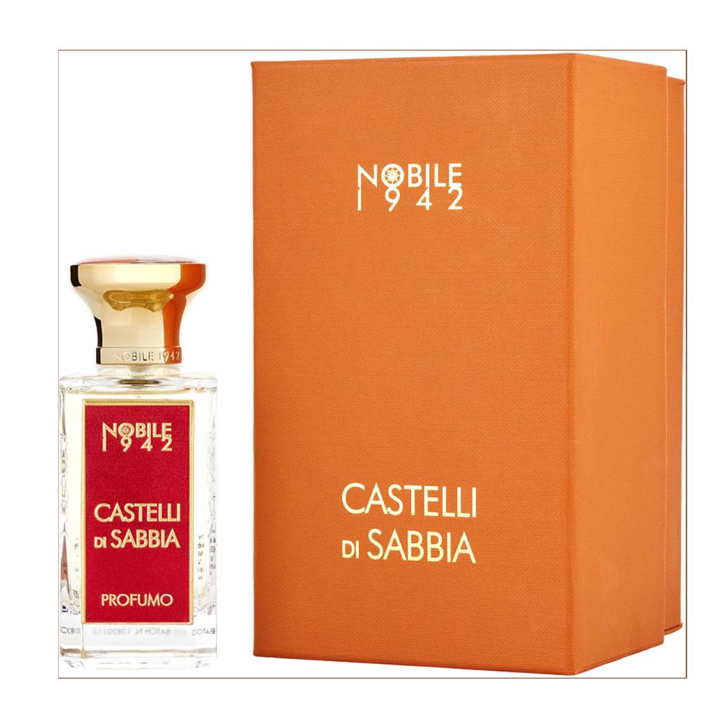 A bottle of CASTELLI DI SABBIA Eau de Parfum by Nobile 1942 stands beside its orange box, both with gold and white text, showcasing a minimalist, elegant design inspired by dreams of seaside sand castles.