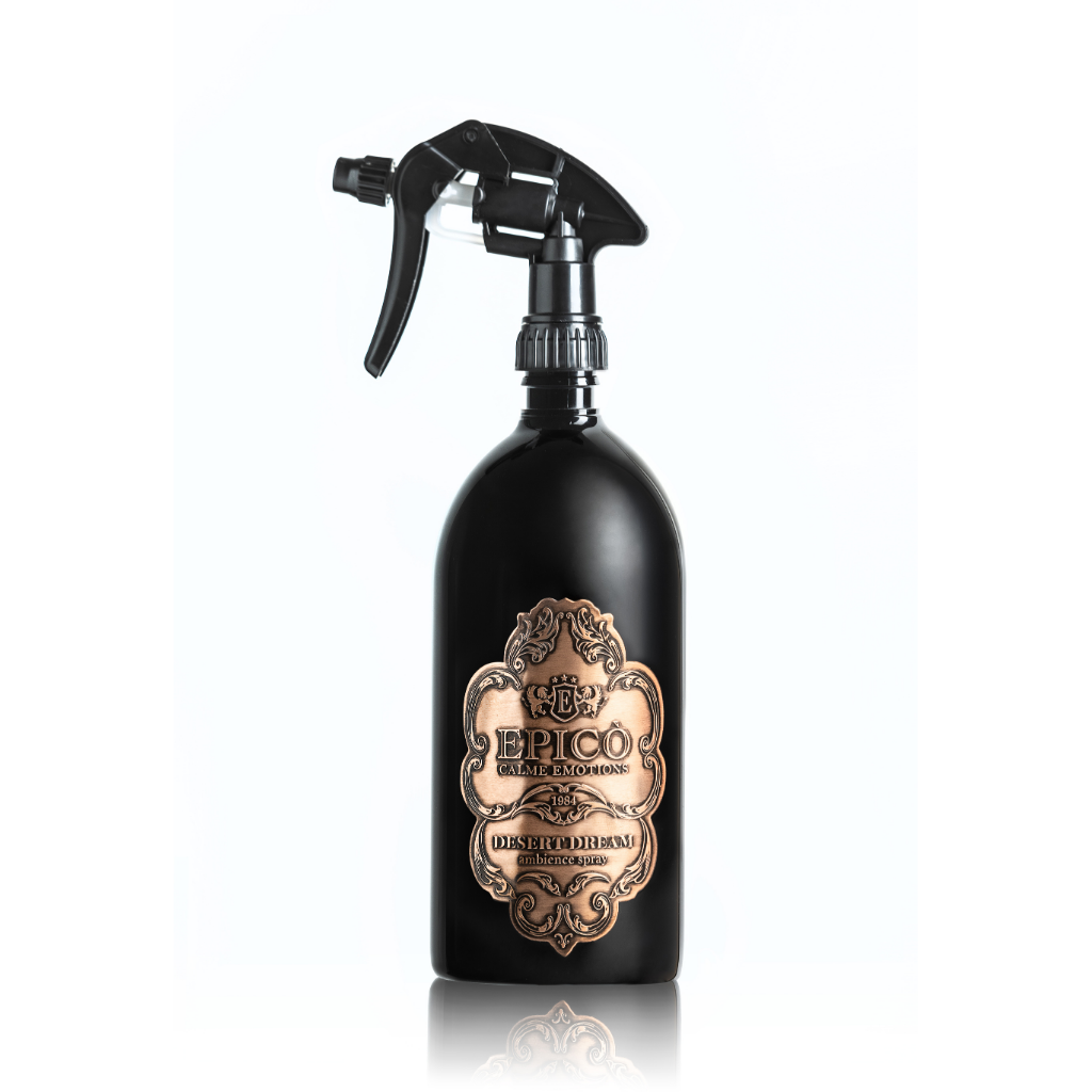 A black spray bottle labeled EPICO Desert Dream - Ambiance Spray (Epico Parfum) with a decorative oriental gold and brown vintage-style label, ambergris fragrance, is displayed on a white background.