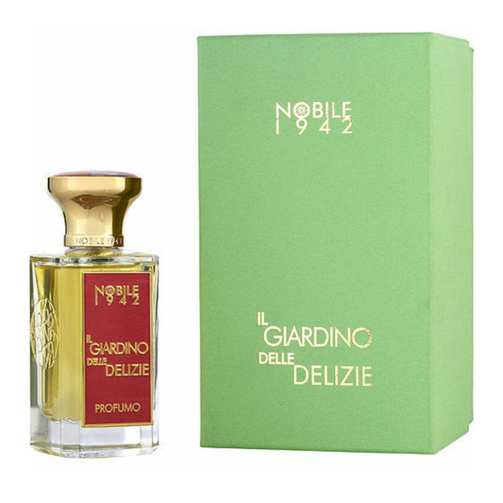 A bottle of IL GIARDINO DELLE DELIZIE Eau de Parfum by Nobile 1942, with a gold cap, stands next to its matching green box. Both display elegant gold and white text, reflecting the fragrance’s inspiration from the Garden of Earthly Delights.