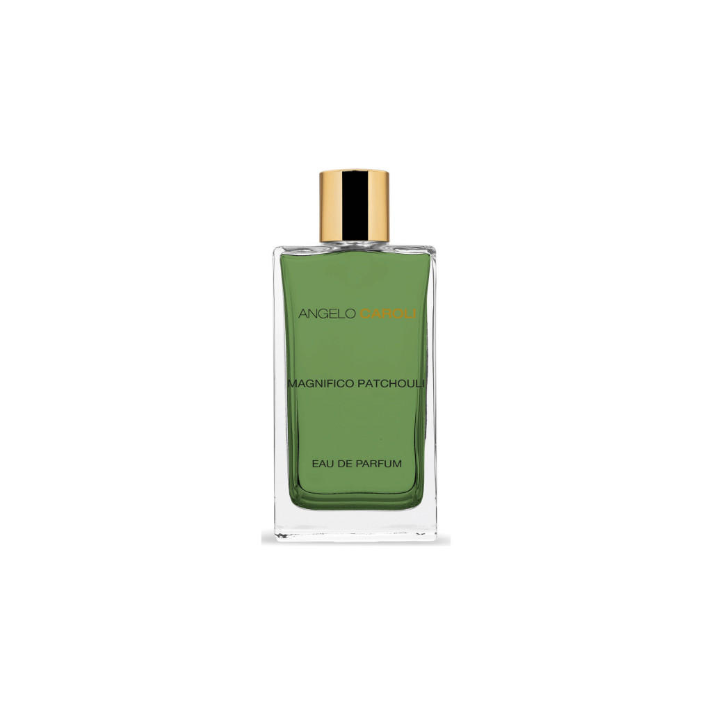 A green glass bottle of Magnifico Patchouli Eau de Parfum by ANGELO CAROLI, with a gold cap, displayed on a white background.