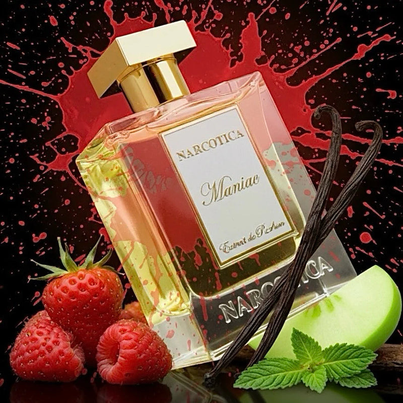 Perfume bottle labeled 'Narcotica Mania' with strawberries, vanilla beans, and an apple on a dark background.