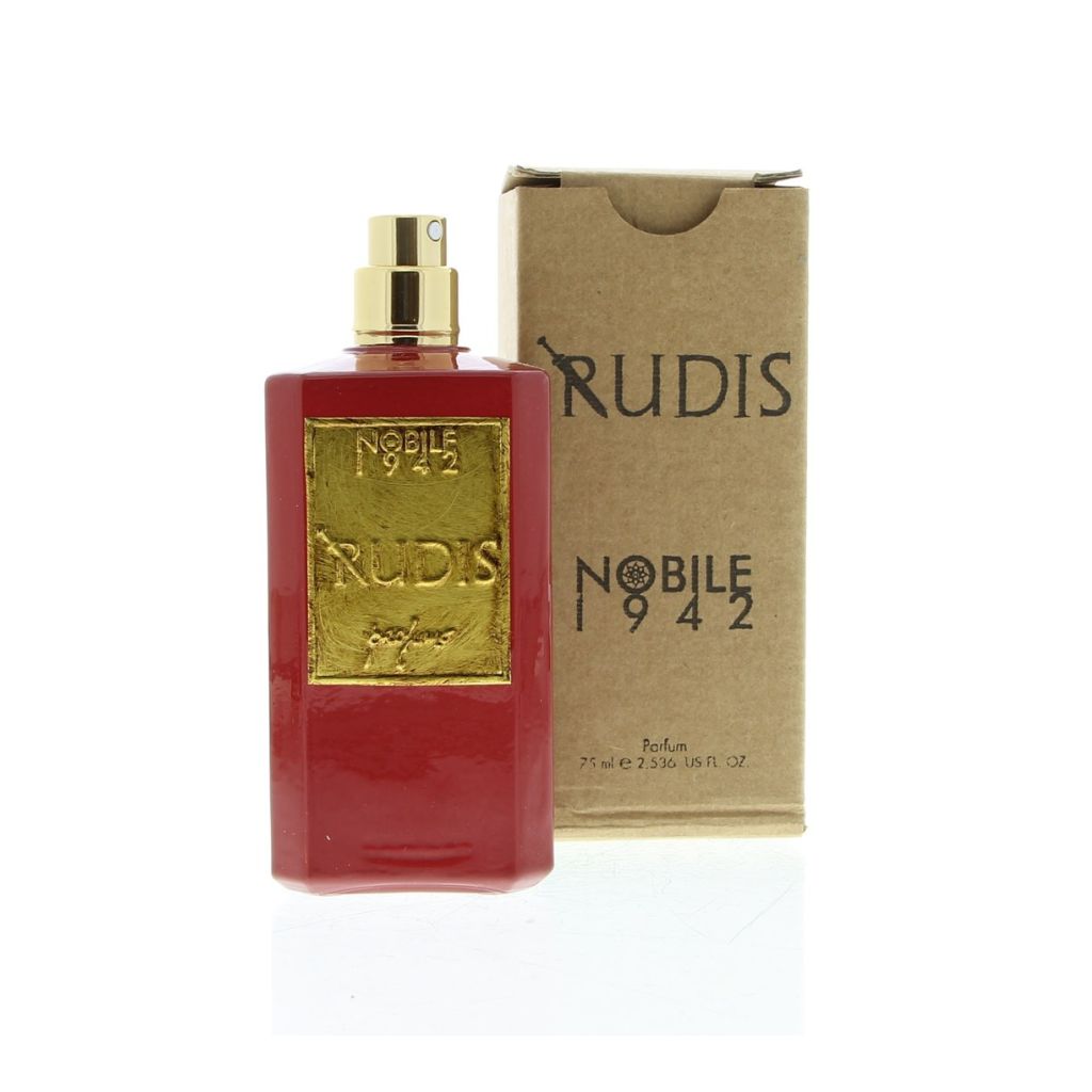 A red RUDIS REFILL bottle by Nobile 1942, featuring a gold label and spray top, stands beside its brown box—both highlighting the brand's refined woody leather Rudis fragrance.