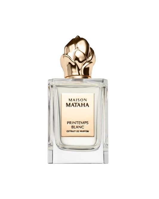 A clear glass bottle labeled Maison Mataha Printemps Blanc Extrait de Parfum, with a gold floral cap, hints at jasmine sambac notes, set on a plain white background.