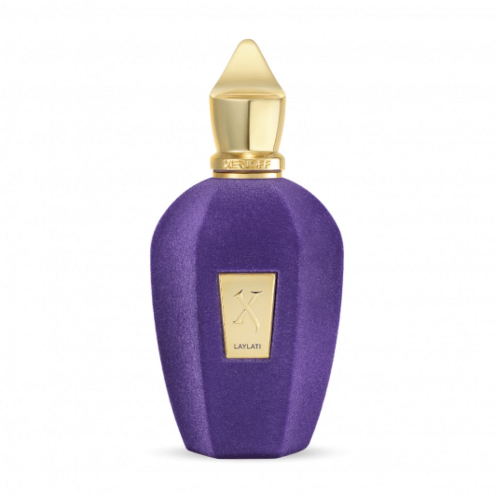 A luxurious purple bottle with a gold cap and label features Laylati Eau de Parfum by XERJOFF—a woody aromatic unisex fragrance.
