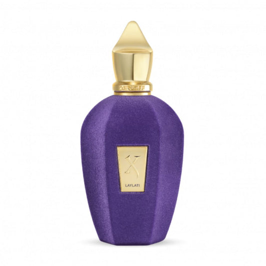 A luxurious purple bottle with a gold cap and label features Laylati Eau de Parfum by XERJOFF—a woody aromatic unisex fragrance.