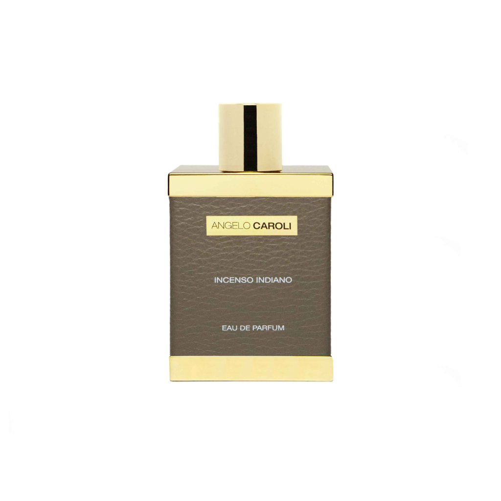 A rectangular unisex perfume by ANGELO CAROLI, Incenso Indiano Eau de Parfum, with a gold cap, textured gray front, and minimalist elegant design.