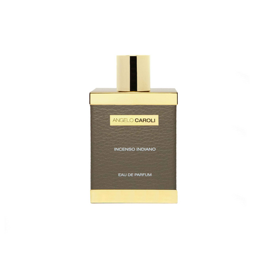 A rectangular unisex perfume by ANGELO CAROLI, Incenso Indiano Eau de Parfum, with a gold cap, textured gray front, and minimalist elegant design.
