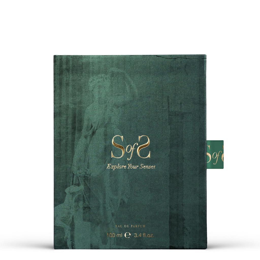 A dark green rectangular box with an artistic statue outline and gold "Sense of Scent" text displays the LONDON'S CALLING Eau de Parfum, 100 ml (3.4 fl. oz.), featuring a right-side pull tab.