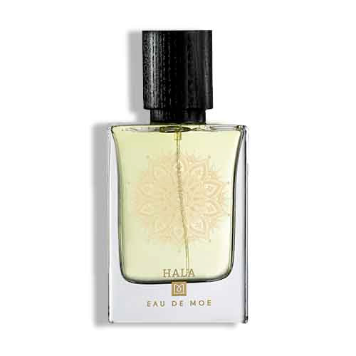 A rectangular glass HALA Eau de Moe perfume bottle by Eau De Moe features a black cap, light yellow liquid, and gold pattern on the front, with a label reading HALA Eau de Moe and suggesting a refined fruity floral scent.