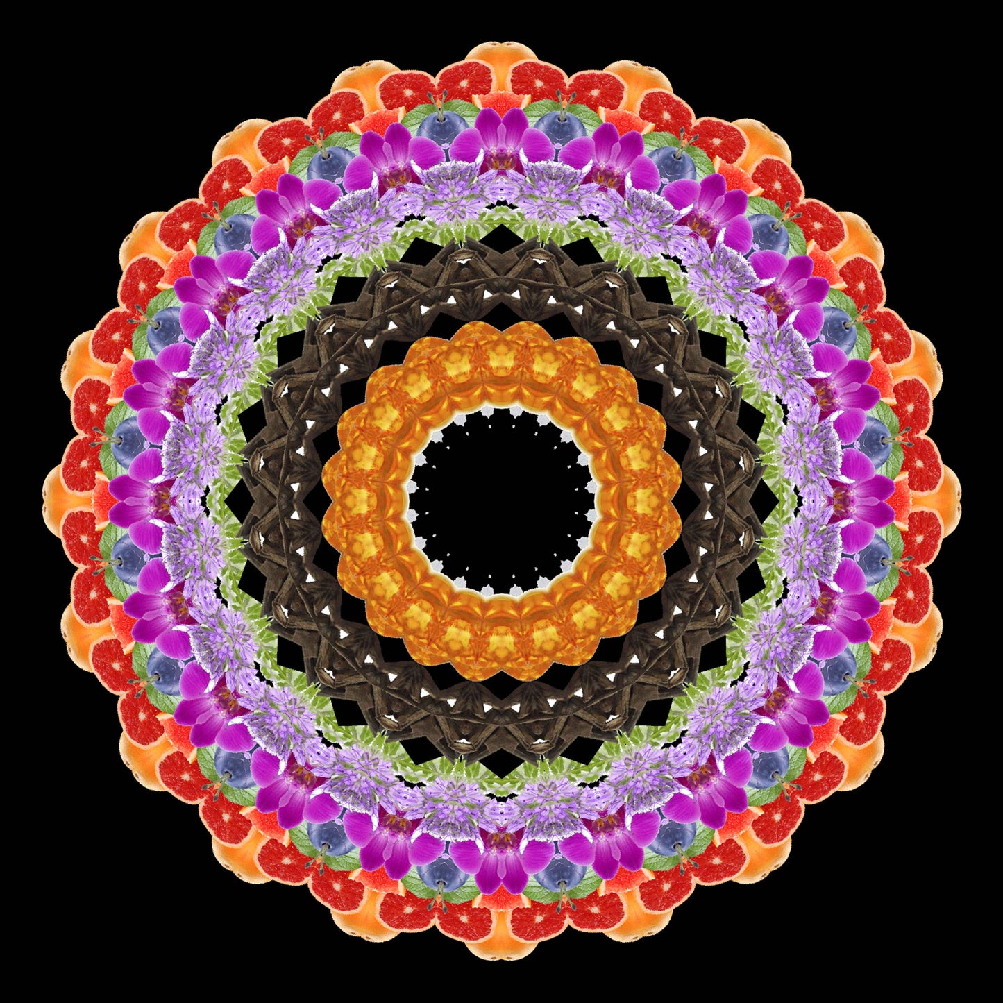 A vibrant mandala of fruits, vegetables, and flowers forms a striking circle on black, echoing the intricate fruity floral essence of HALA Eau de Moe by Eau De Moe.