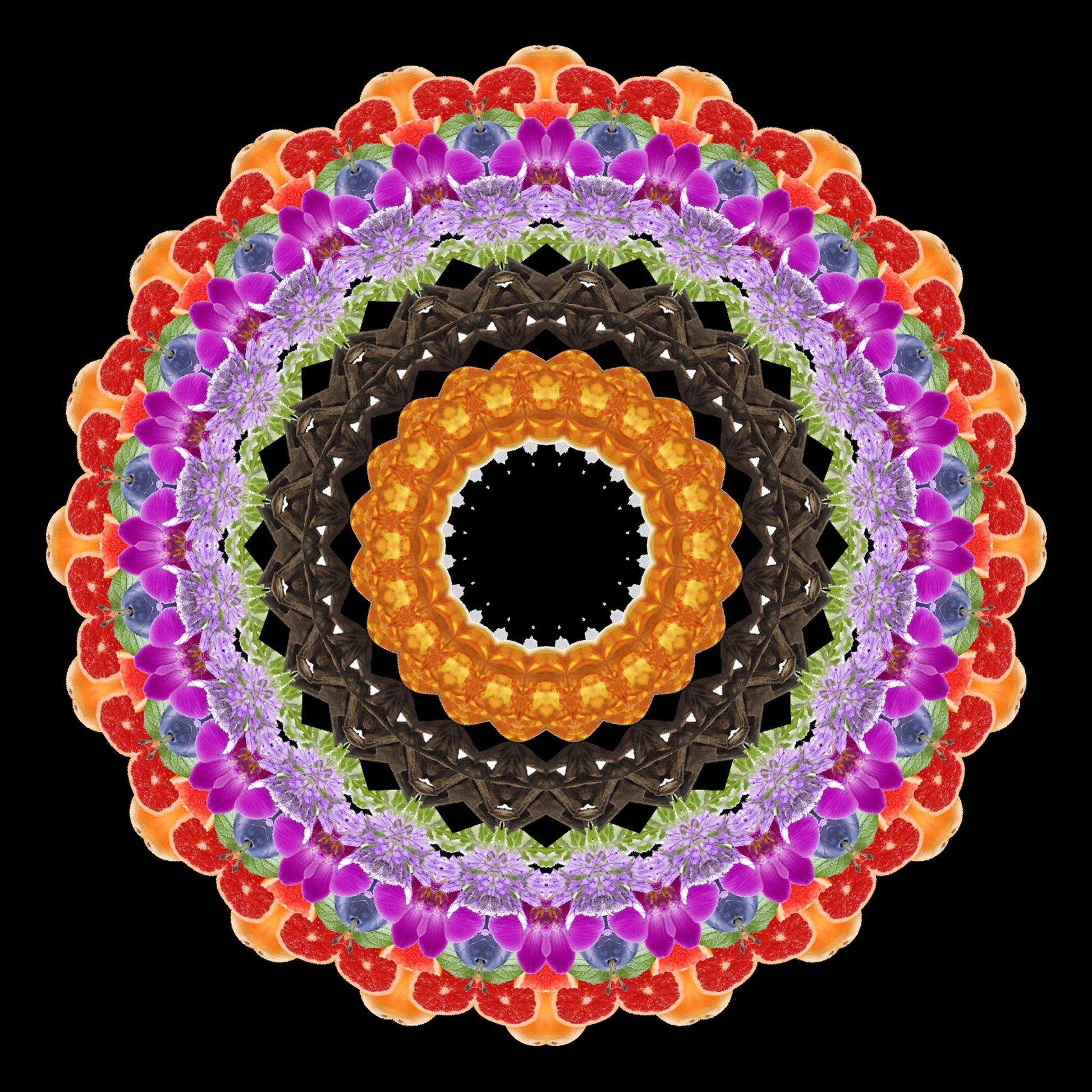 A vibrant mandala of fruits, vegetables, and flowers forms a striking circle on black, echoing the intricate fruity floral essence of HALA Eau de Moe by Eau De Moe.