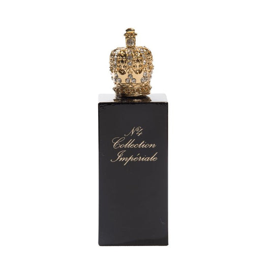 A black rectangular N°4 Eau de Parfum bottle by Prudence Perfumes features gold lettering and a jeweled gold crown cap, hinting at its exclusive oriental niche fragrance allure.