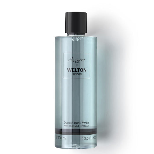 A clear, cylindrical 400 ml bottle of Welton London AZZURRO Deluxe Body Wash with red vine extract and natural ingredients, filled with light blue liquid and finished with a black cap.