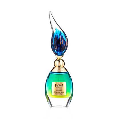 The Salas Art Perfumes IL MIO ANGELO BLU EDP comes in a decorative blue and green gradient glass bottle with a gold label and ornate flame-shaped blue and gold cap, ideal for your favorite agarwood scent, shown against a white background.
