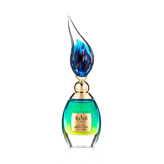 The Salas Art Perfumes IL MIO ANGELO BLU EDP comes in a decorative blue and green gradient glass bottle with a gold label and ornate flame-shaped blue and gold cap, ideal for your favorite agarwood scent, shown against a white background.