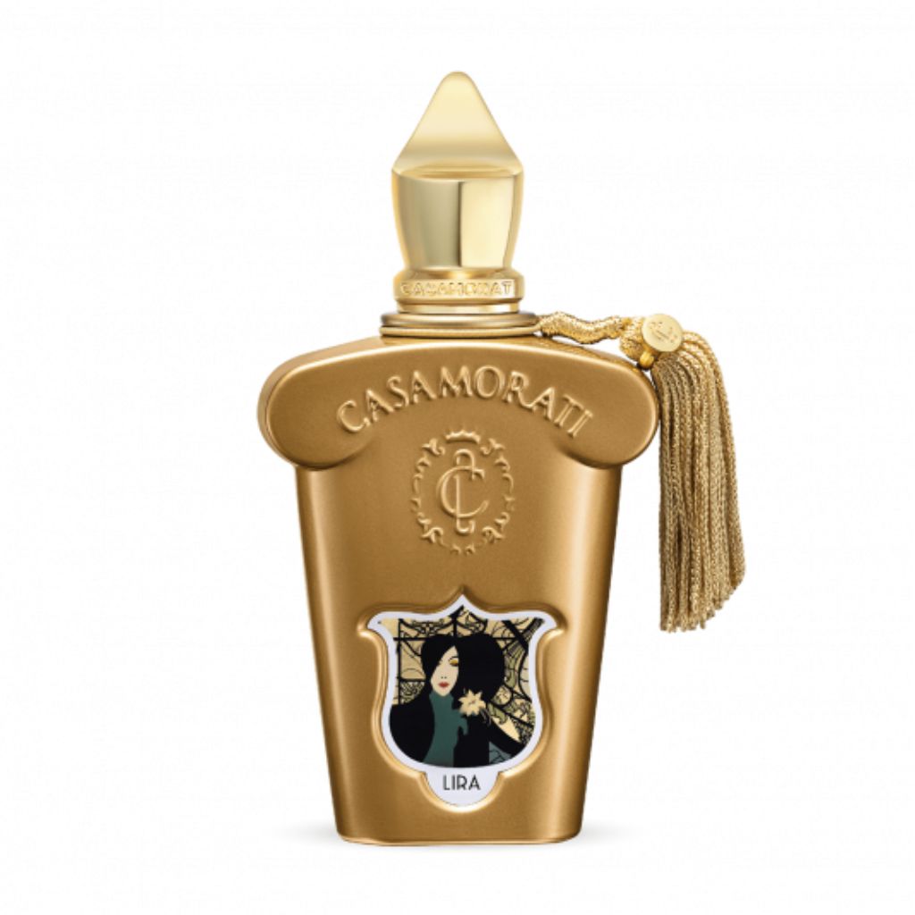 Casamorati 1888 Lira Eau de Parfum by XERJOFF: a gold bottle with ornate cap, tassel, embossed logo, and a label showing a dark-haired woman with a yellow flower; an exquisite oriental vanilla fragrance.