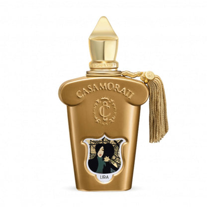 Casamorati 1888 Lira Eau de Parfum by XERJOFF: a gold bottle with ornate cap, tassel, embossed logo, and a label showing a dark-haired woman with a yellow flower; an exquisite oriental vanilla fragrance.