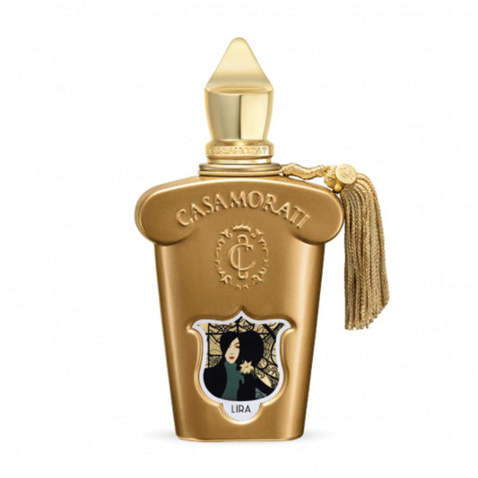 Casamorati 1888 Lira Eau de Parfum by XERJOFF: a gold bottle with ornate cap, tassel, embossed logo, and a label showing a dark-haired woman with a yellow flower; an exquisite oriental vanilla fragrance.
