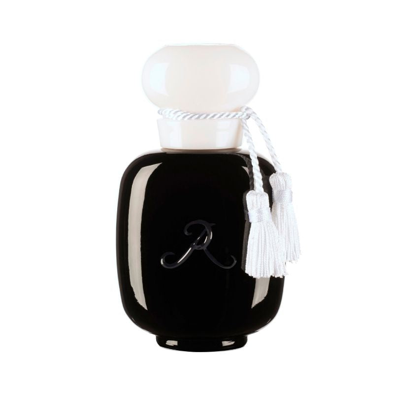 ROSE ABSOLUMENT Eau de Parfum by LES PARFUMS DE ROSINE is a black, glossy perfume bottle with a white rope-adorned cap and two white tassels, featuring an "R" on the front. The bottle sits against a white background.