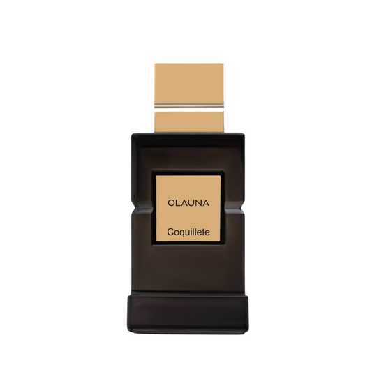 The OLAUNA Eau de Parfum by Coquillete features a rectangular black bottle with a gold cap and label, part of Coquillete's exclusive Capsule Collection.