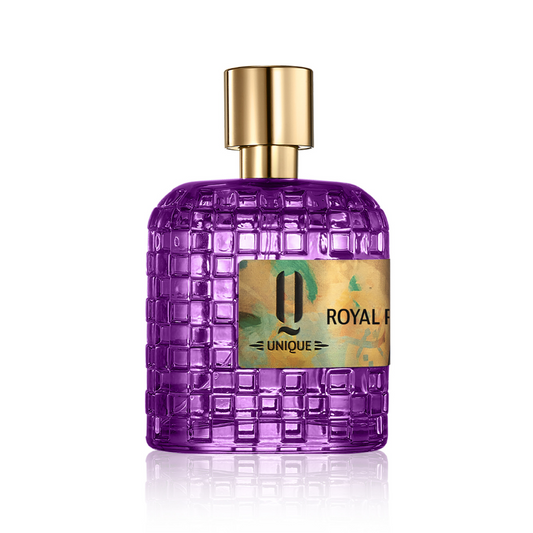 The Royal Purple Eau de Parfum by Jardin De Parfums features a textured purple bottle with a gold cap and label reading ROYAL and UNIQUE, adorned with green accents, capturing the allure of patchouli.