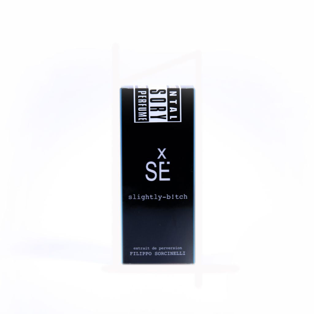 A black rectangular Filippo Sorcinelli X SÉ SLIGHTLY B!TCH Eau de Parfum box stands upright against a white background, suggesting the bold character of the fragrance inside.