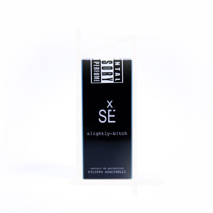 A black rectangular Filippo Sorcinelli X SÉ SLIGHTLY B!TCH Eau de Parfum box stands upright against a white background, suggesting the bold character of the fragrance inside.