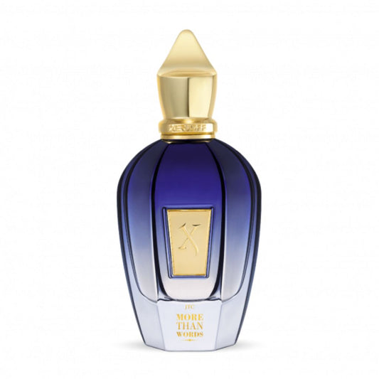 The More Than Words Eau de Parfum by XERJOFF features a blue and gold bottle with a gold cap and label. Its elegant shape reflects the luxurious oriental woody scent inside.