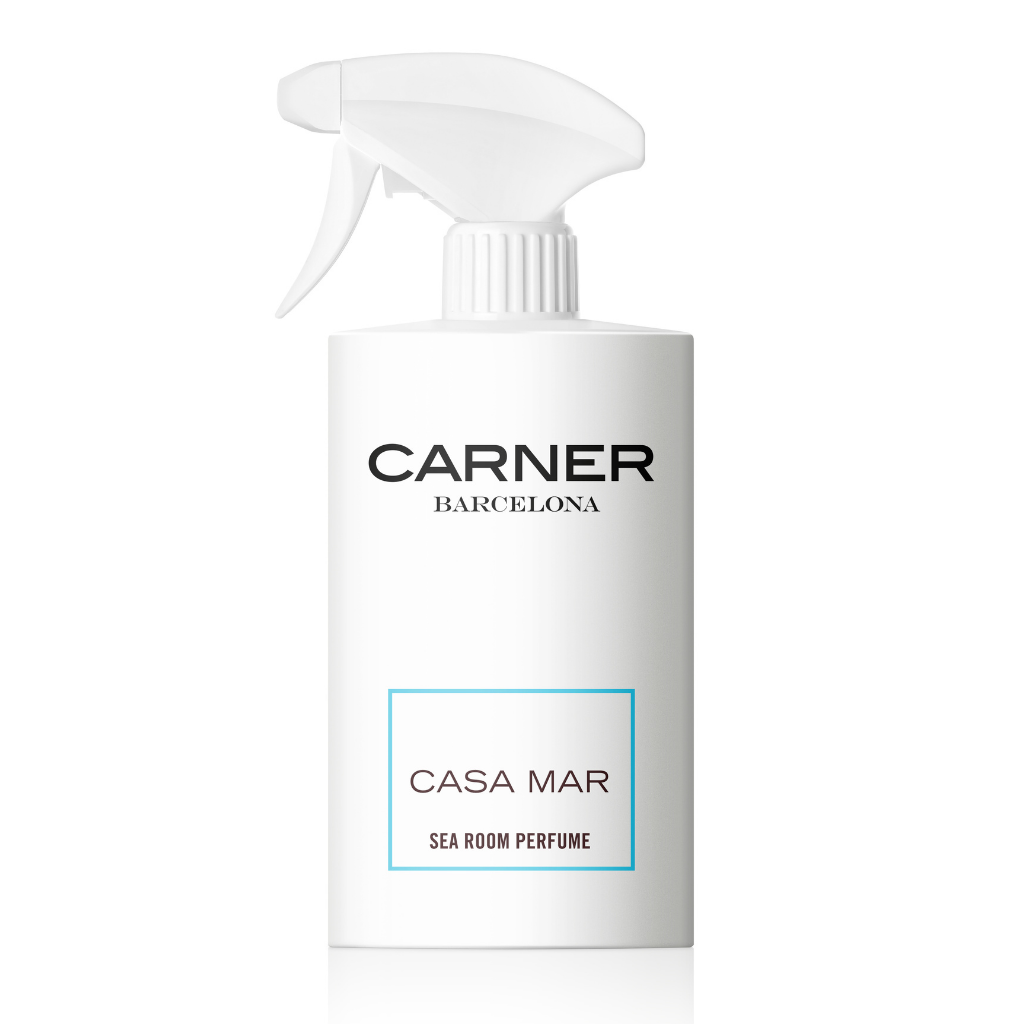 A white spray bottle labeled GIFTS features CASA MAR Sea Room Perfume by Carner Barcelona in blue and black text—a minimalist design that brings Mediterranean fragrance to your space, ideal for lovers of refined room perfumes.