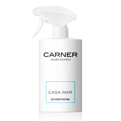 A white spray bottle labeled GIFTS features CASA MAR Sea Room Perfume by Carner Barcelona in blue and black text—a minimalist design that brings Mediterranean fragrance to your space, ideal for lovers of refined room perfumes.