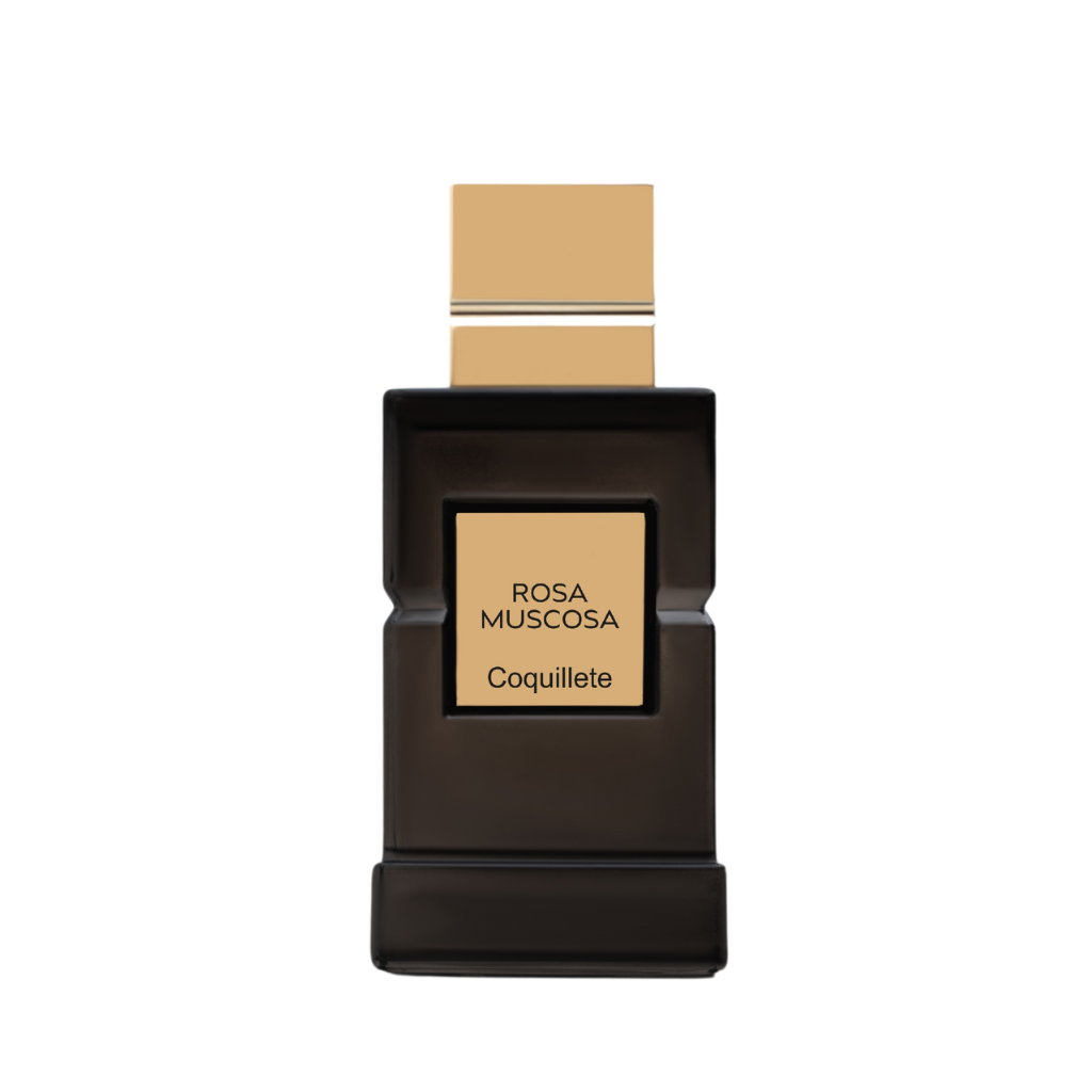 A black rectangular perfume bottle with a beige square cap and label displays "ROSA MUSCOSA Eau de Parfum - Coquillete Parfum" by Coquillete. This refined rose scent is set against a plain white background.