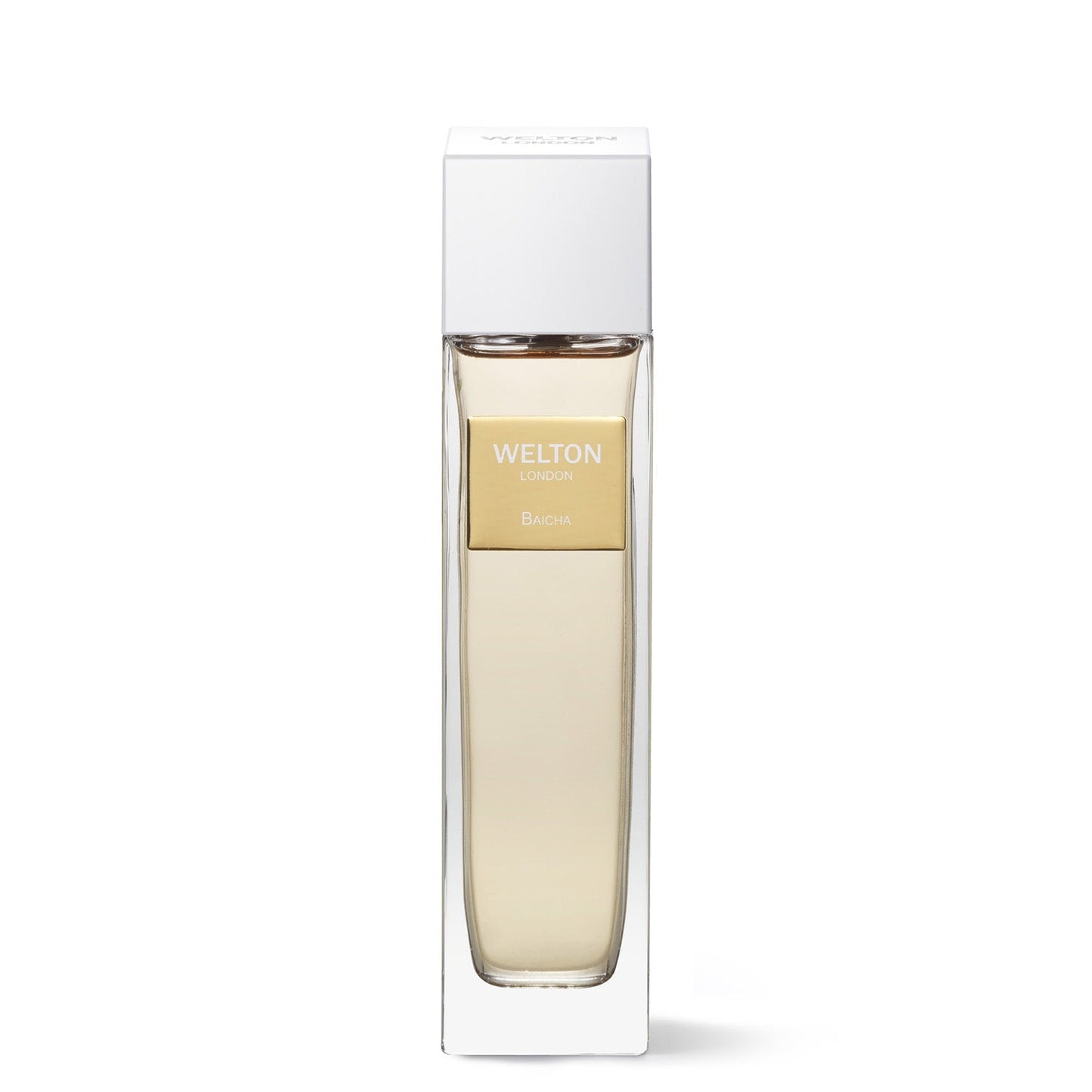 A rectangular glass bottle of Welton Baicha EDP, with pale yellow liquid and a white cap, is labeled WELTON LONDON and BAICHA. It sits partially in clear packaging, highlighting the luxury fragrance against a white background.